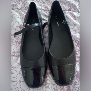 Tahari Black Patent Cap-Toe Mary Jane Flats